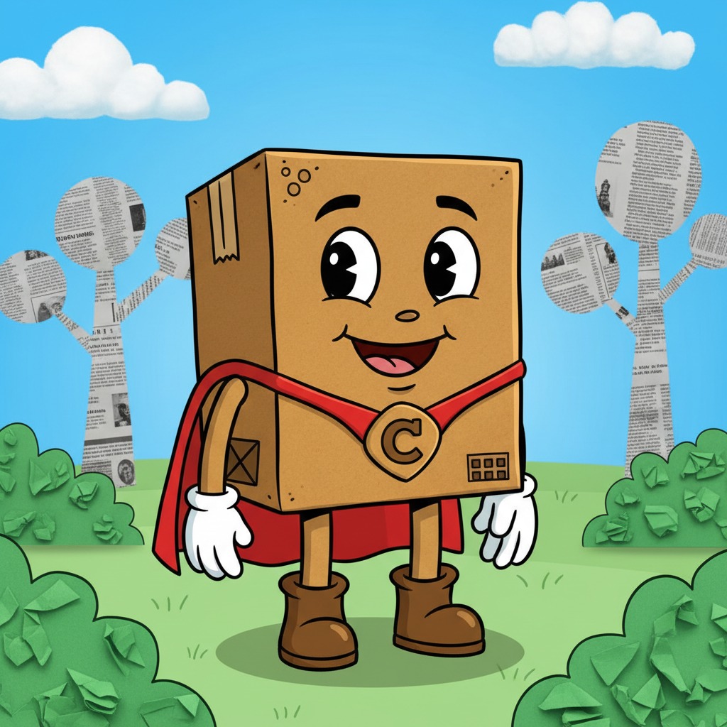 A cartoon cardboard box character wearing a red superhero cape stands in a field with trees made of newspaper.